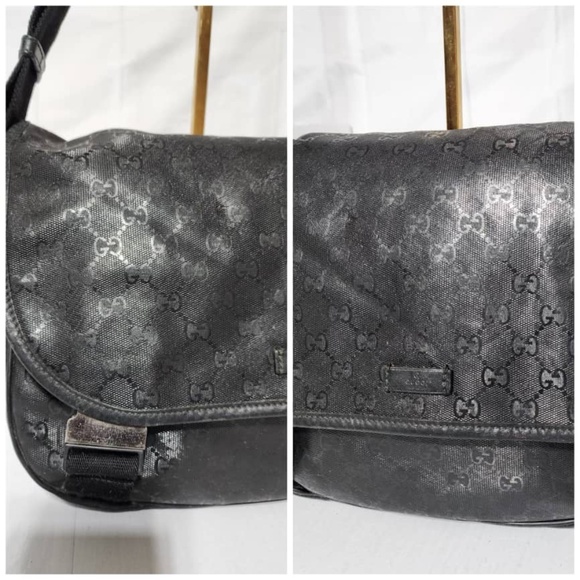 Authentic GUCCI Imprime Monogram Medium Double Buckle Flap Messenger Bag Black - Picture 14 of 16